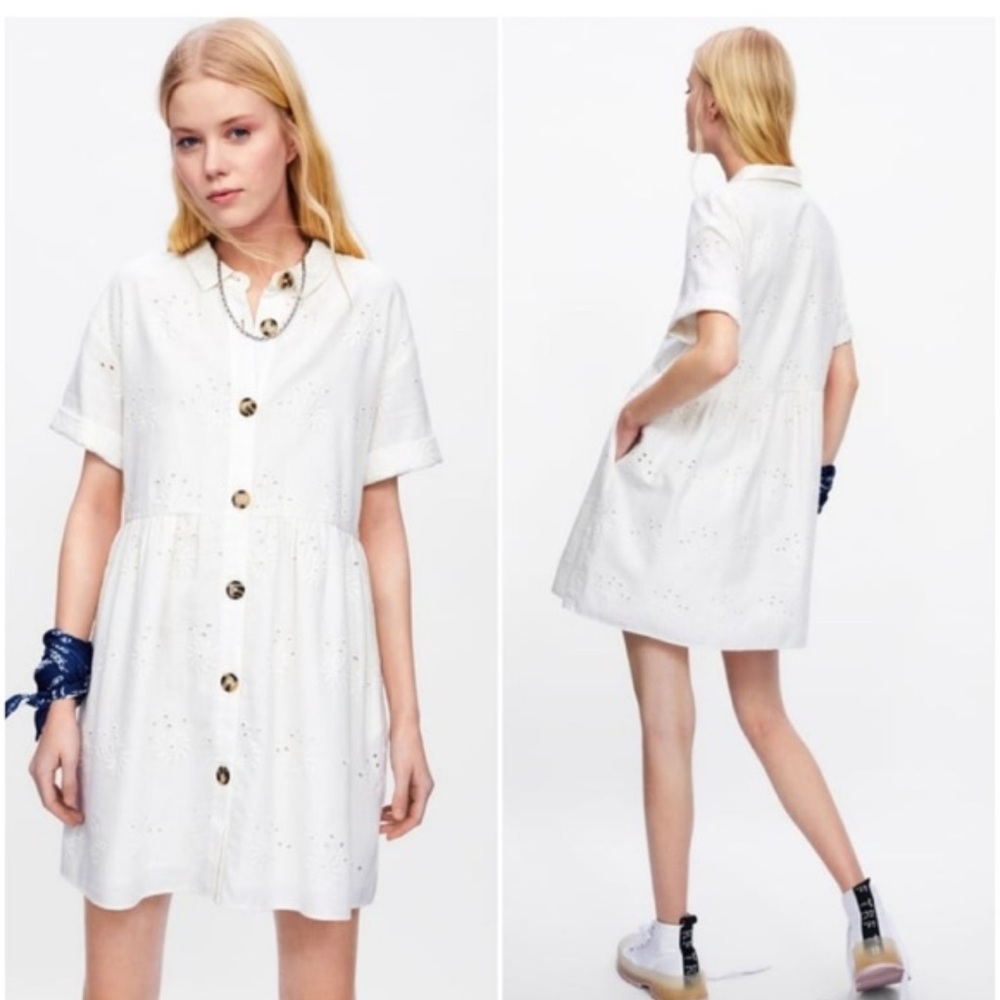 Zara Openwork Eyelet Embroidery White Short Sleeve Linen Blend‎ Dress. Size XS